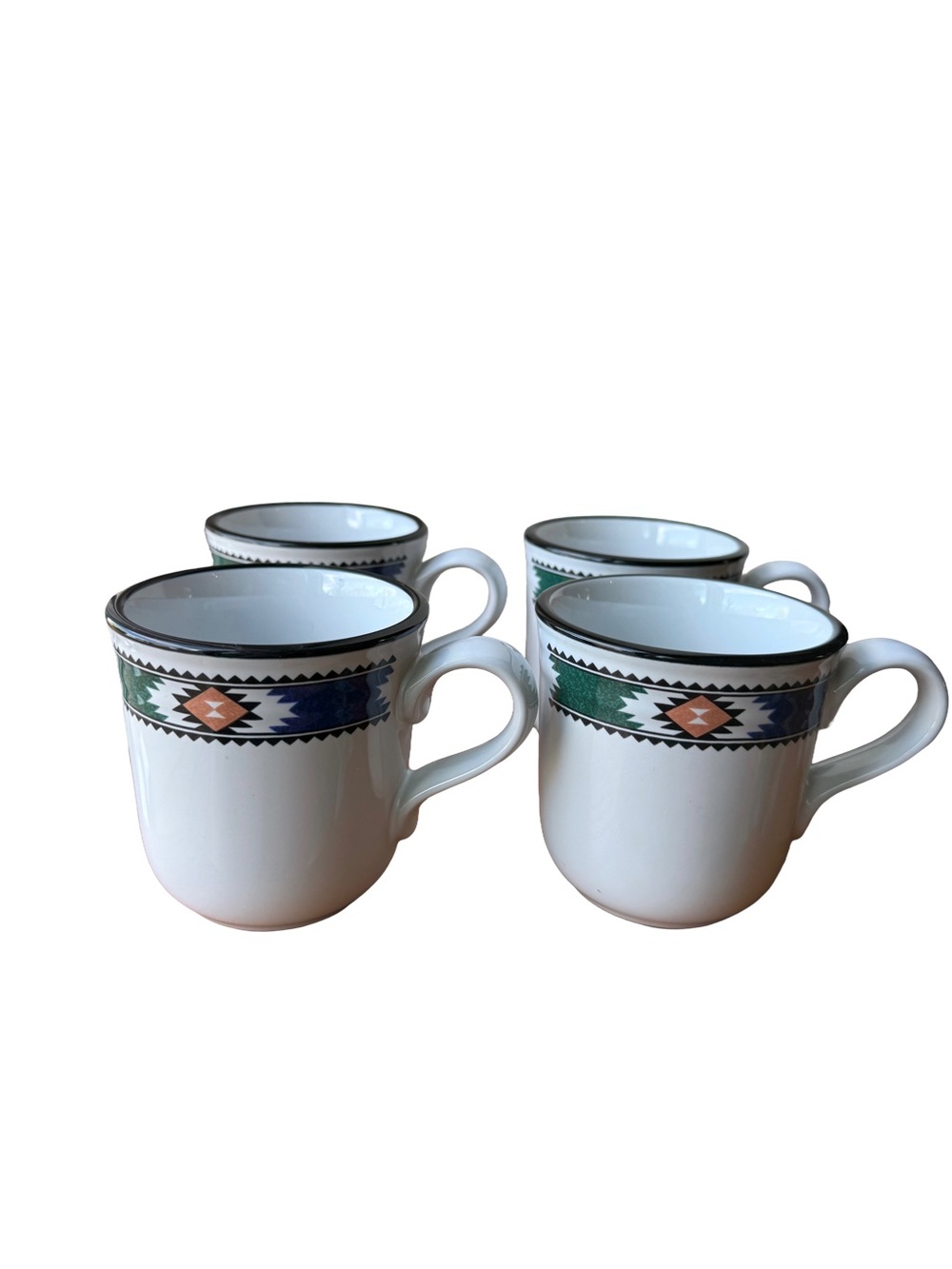 Noritake Kachina 8458 Stoneware Cups White & Green. New. Set of 4